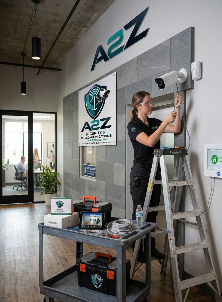 A2Z technician installing a wall-mounted camera and alarm sensors in a branded office hallway