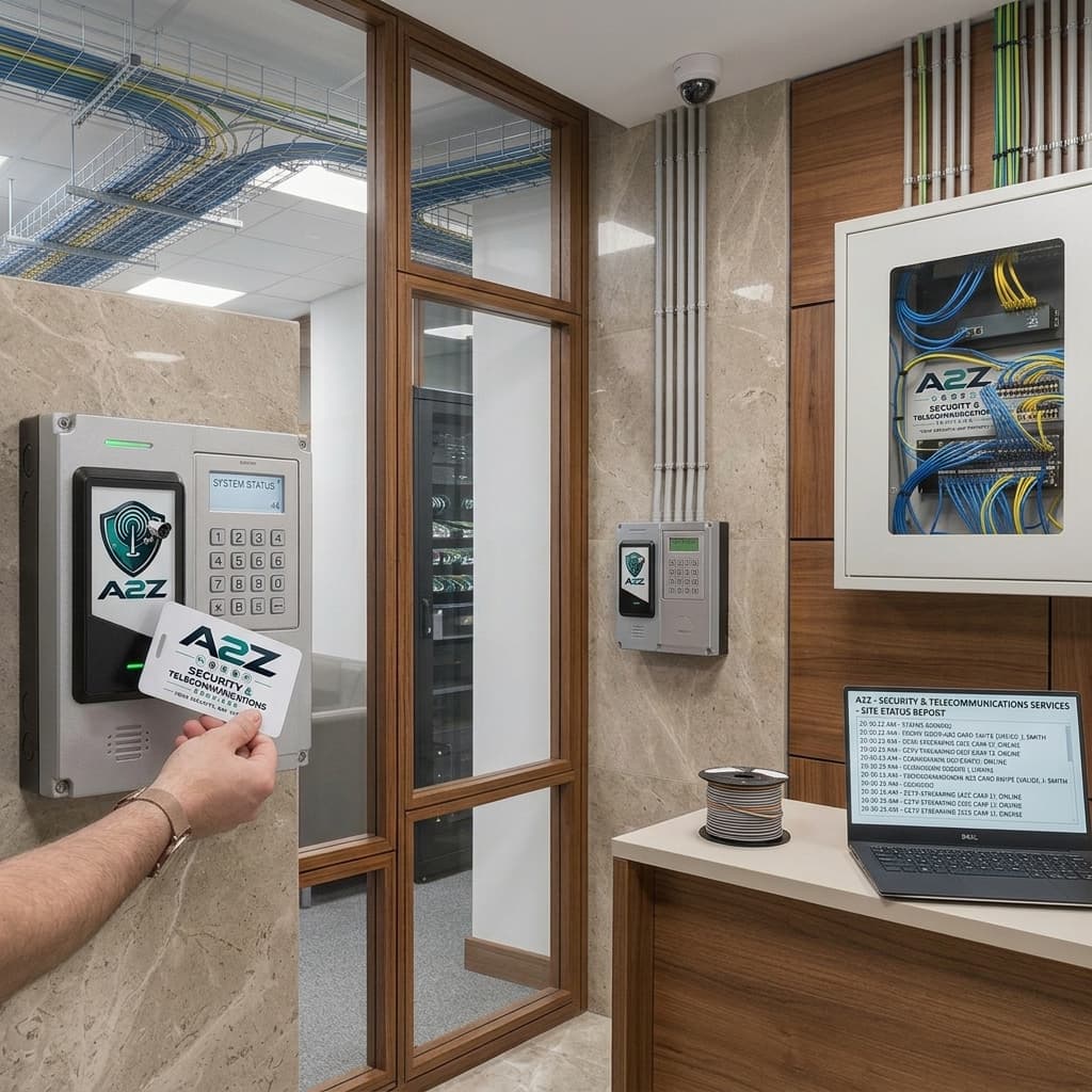 Resident presenting a proximity card at a wall-mounted access reader