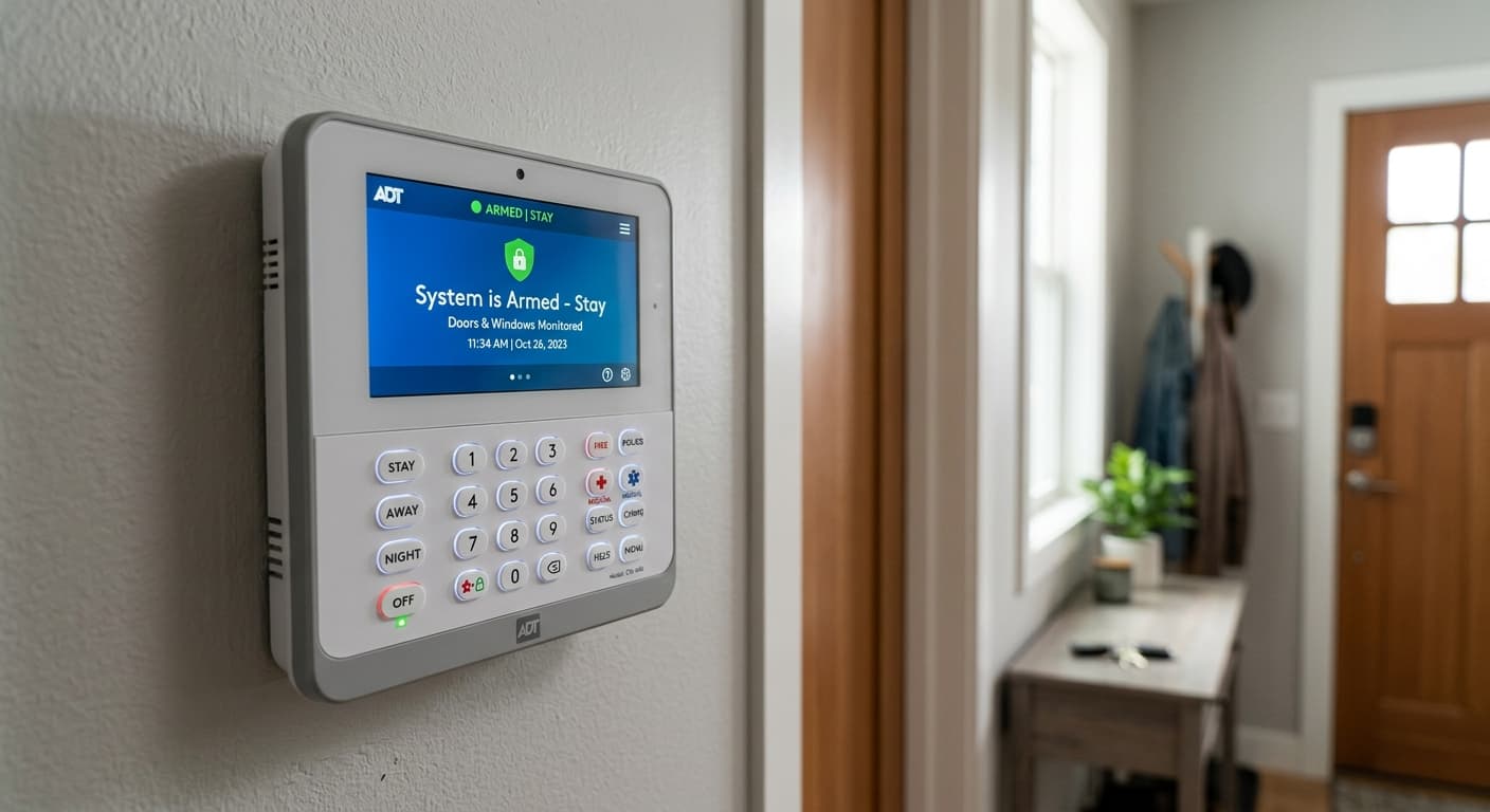 Alarm control panel with keypad showing armed stay status in a residential hallway