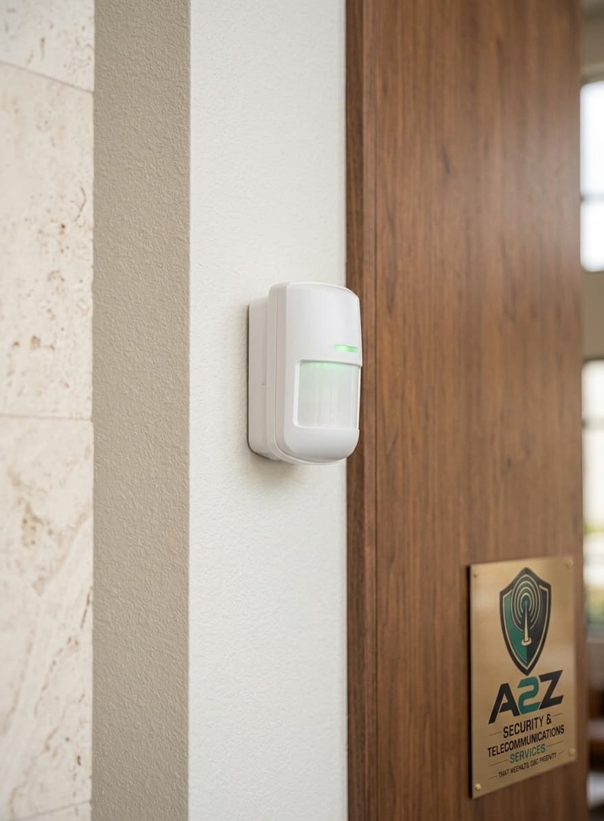 Wall-mounted motion sensor beside a timber entry with A2Z security branding