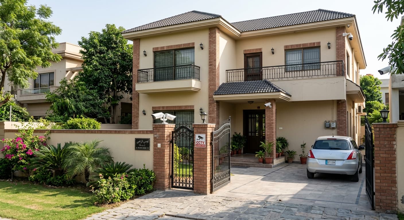 Exterior home CCTV cameras on the driveway gate and front facade