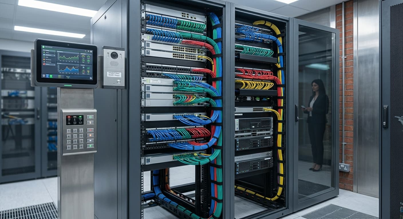 Server room with organized multi-color structured cabling and access pedestal