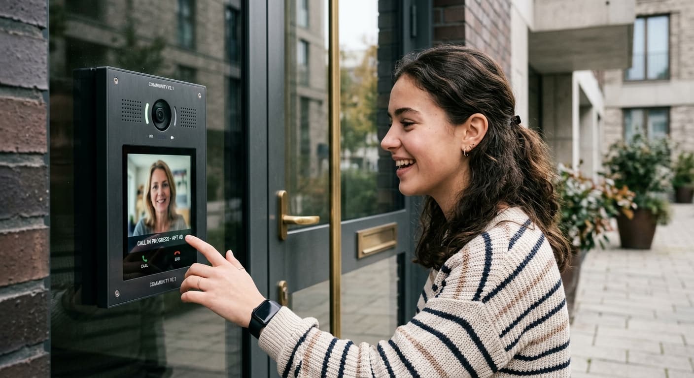 Visitor using a video intercom at a building entrance — service application