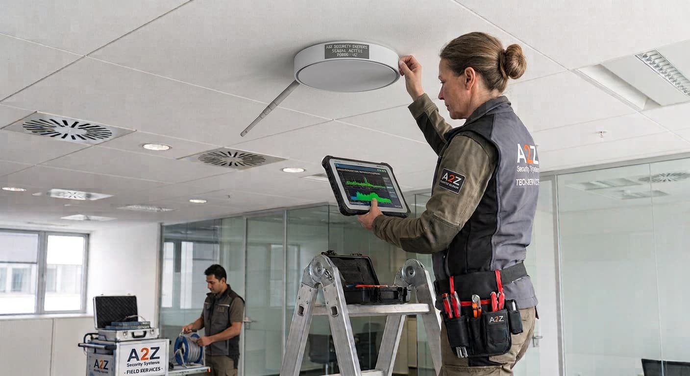 Technician testing a ceiling WiFi access point — service application