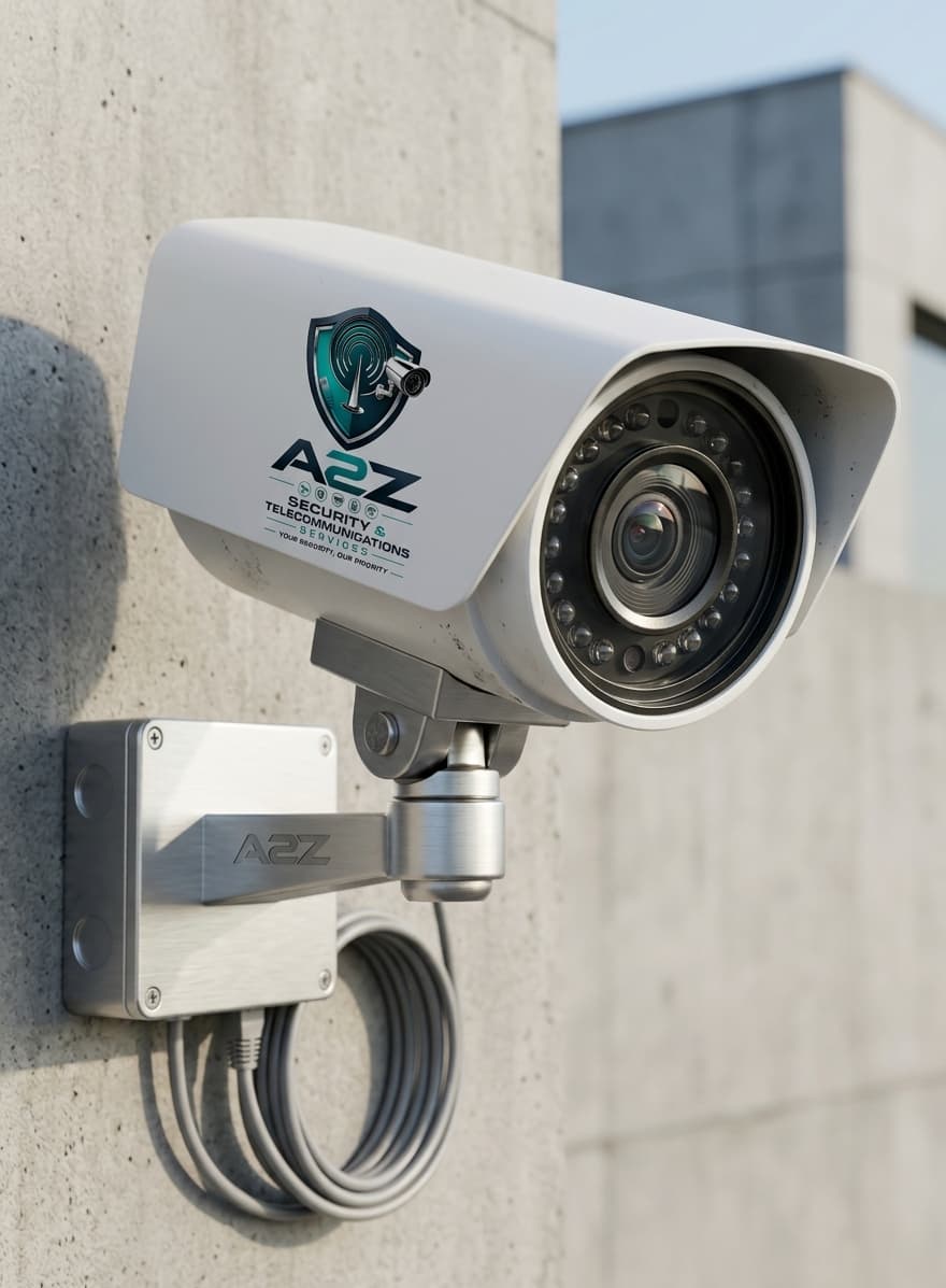A2Z-branded bullet CCTV camera mounted on an exterior wall with PoE cabling
