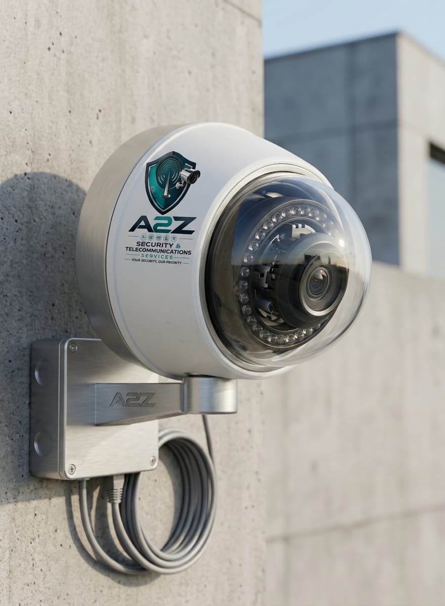 A2Z-branded dome CCTV camera on a junction box with Ethernet cabling