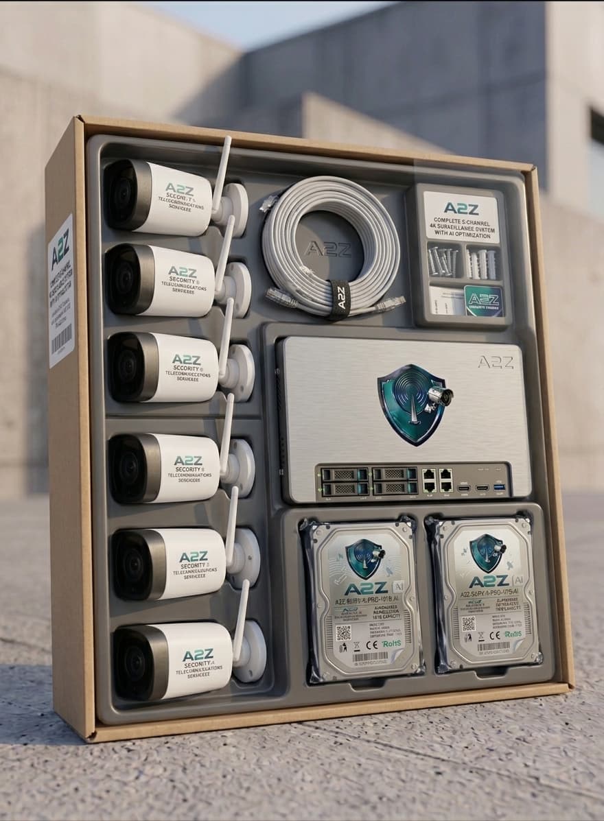 Complete A2Z four-camera surveillance kit with recorder, drives and cabling