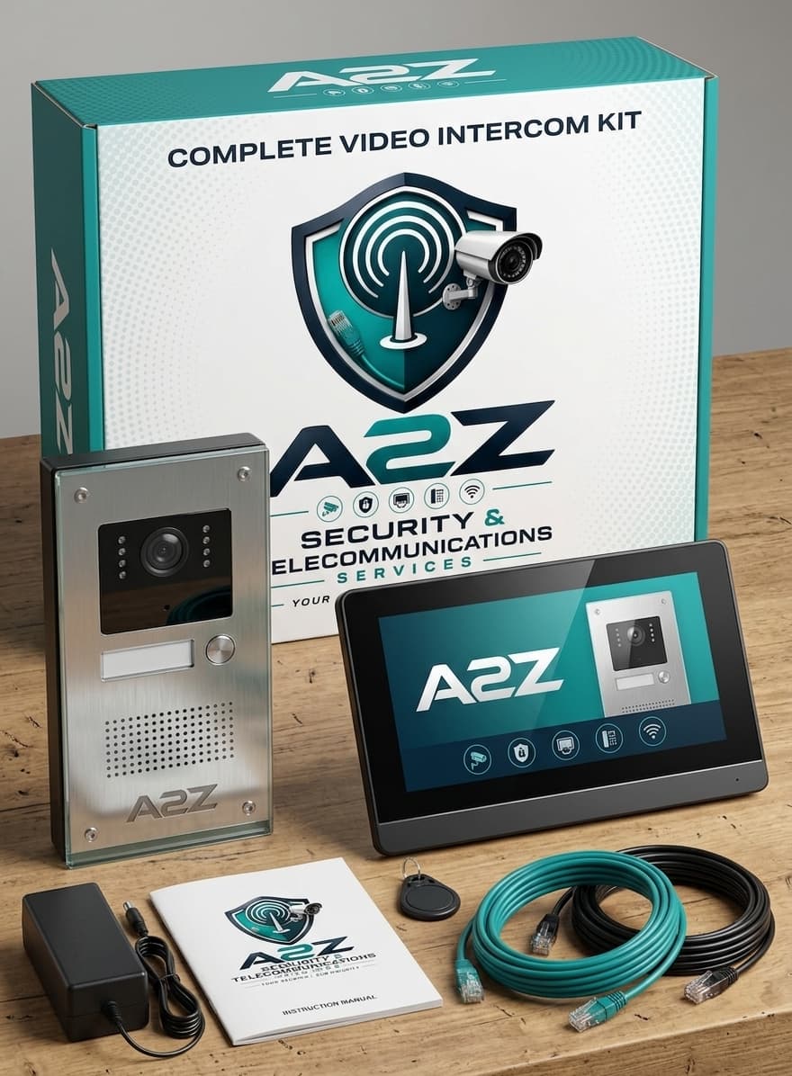 Complete A2Z video intercom kit with outdoor station, indoor monitor and accessories