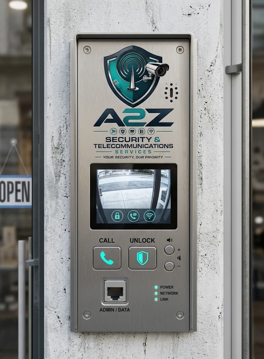 A2Z-branded video intercom monitor with call and unlock controls